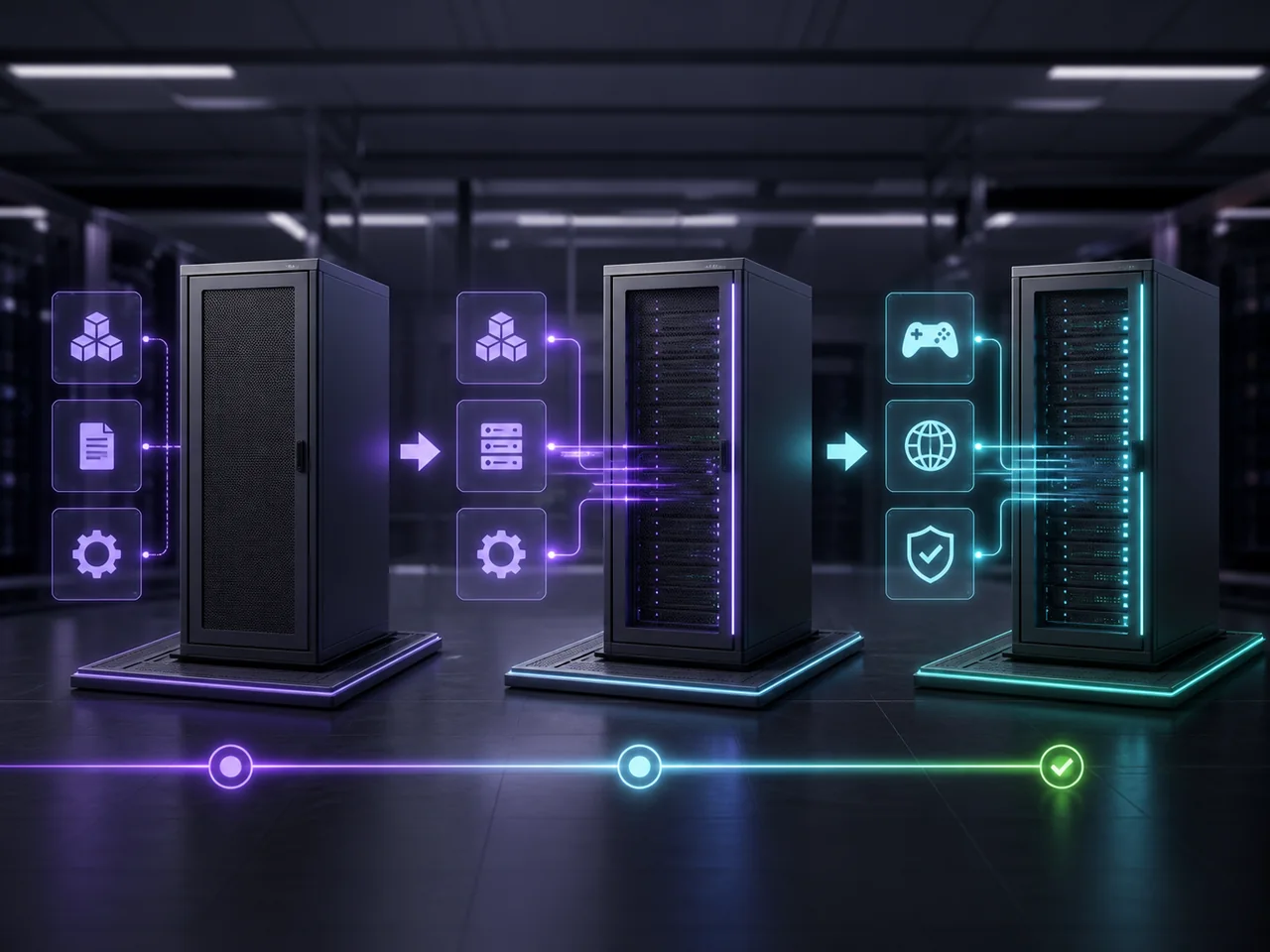 Sequência visual de provisionamento e ativação automática de servidores