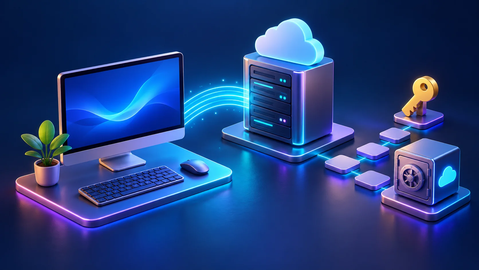 Ilustração de um computador conectado a uma VPS, com chave e cópia de segurança.